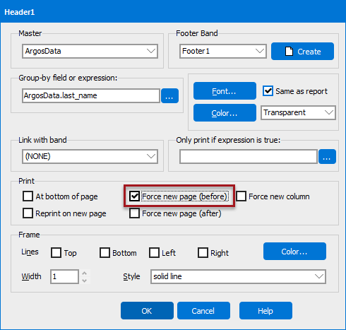 Group header options dialog. The Force new page (before) option is selected.